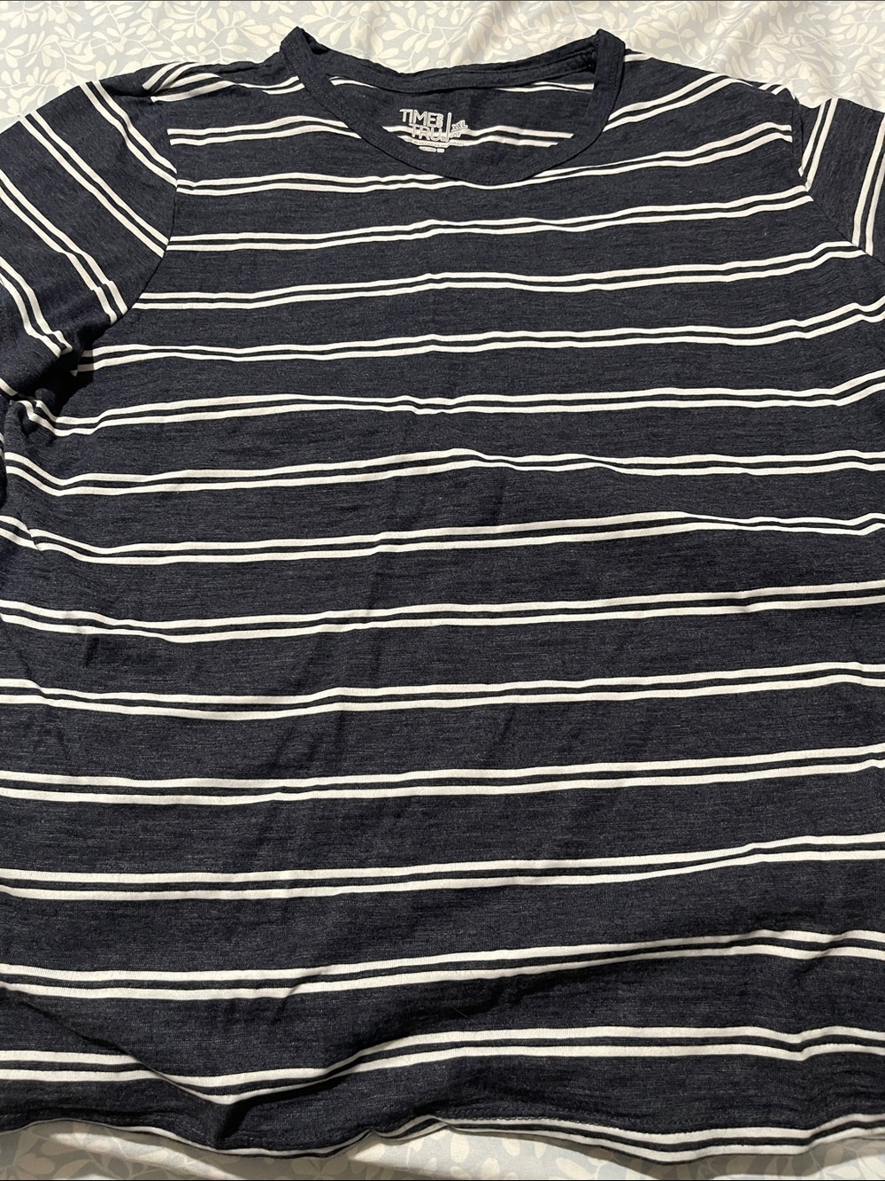 Time and Tru Navy and White Striped Crew Neck Tee